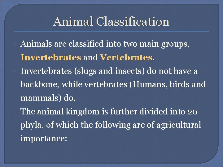 Animal Classification Animals are classified into two main groups, Invertebrates and Vertebrates. Invertebrates (slugs