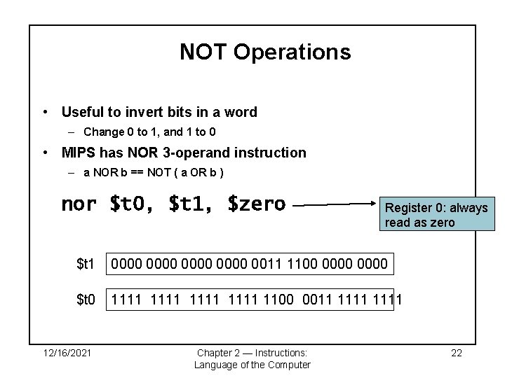 NOT Operations • Useful to invert bits in a word – Change 0 to