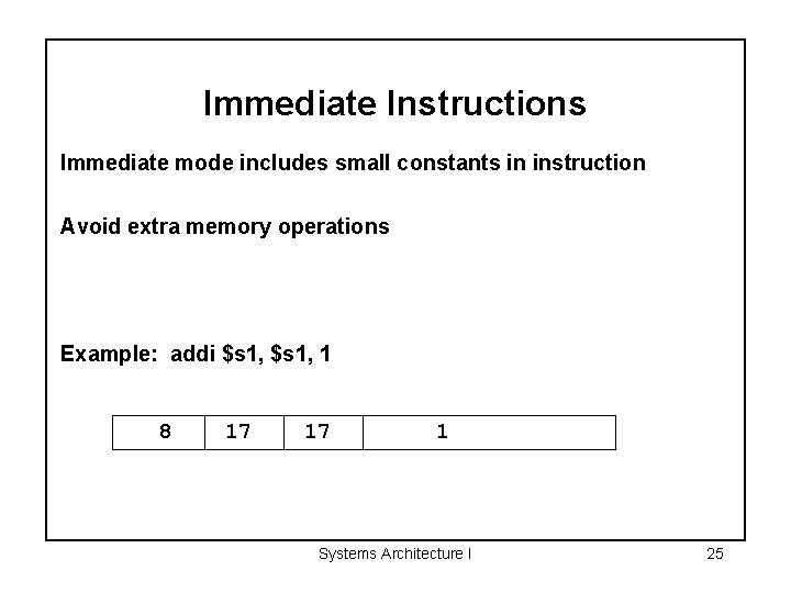 Immediate Instructions Immediate mode includes small constants in instruction Avoid extra memory operations Example: