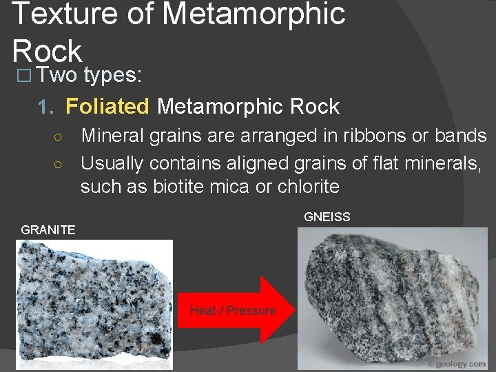 Texture of Metamorphic Rock � Two types: 1. Foliated Metamorphic Rock Mineral grains are