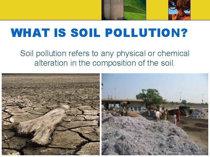 WHAT IS SOIL POLLUTION? Soil pollution refers to any physical or chemical alteration in