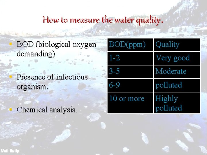 How to measure the water quality. § BOD (biological oxygen demanding) § Presence of