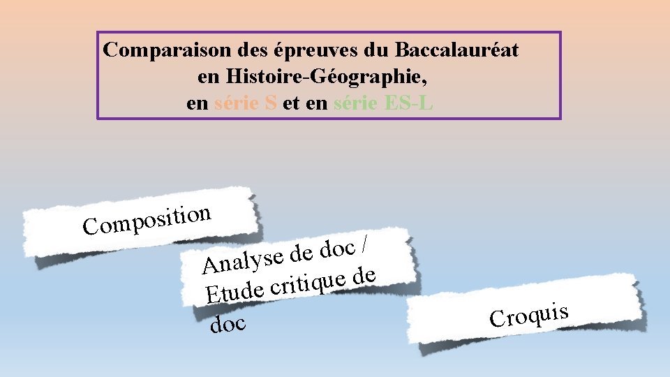 Comparaison des épreuves du Baccalauréat en Histoire-Géographie, en série S et en série ES-L