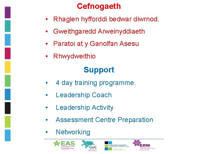 Cefnogaeth • Rhaglen hyfforddi bedwar diwrnod. • Gweithgaredd Arweinyddiaeth • Paratoi at y Ganolfan