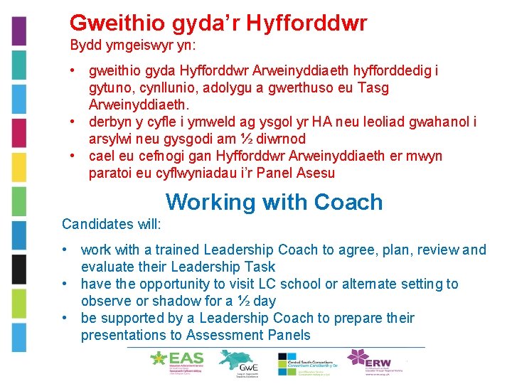 Gweithio gyda’r Hyfforddwr Bydd ymgeiswyr yn: • gweithio gyda Hyfforddwr Arweinyddiaeth hyfforddedig i gytuno,
