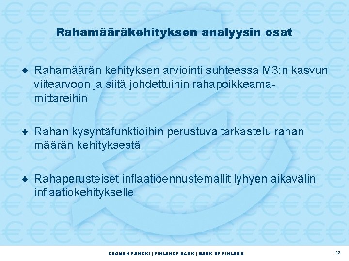 Rahamääräkehityksen analyysin osat ¨ Rahamäärän kehityksen arviointi suhteessa M 3: n kasvun viitearvoon ja