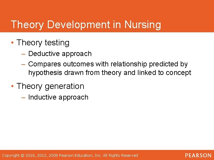 Theory Development in Nursing • Theory testing – Deductive approach – Compares outcomes with