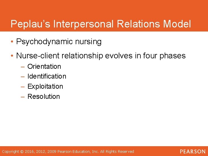 Peplau’s Interpersonal Relations Model • Psychodynamic nursing • Nurse-client relationship evolves in four phases