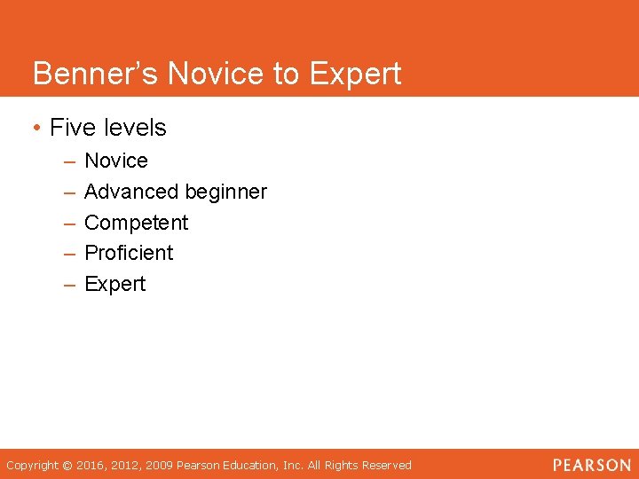 Benner’s Novice to Expert • Five levels – – – Novice Advanced beginner Competent