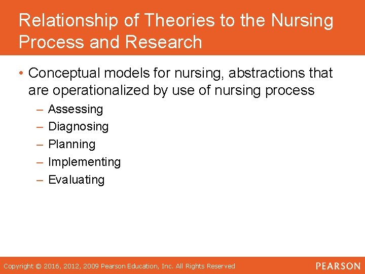 Relationship of Theories to the Nursing Process and Research • Conceptual models for nursing,
