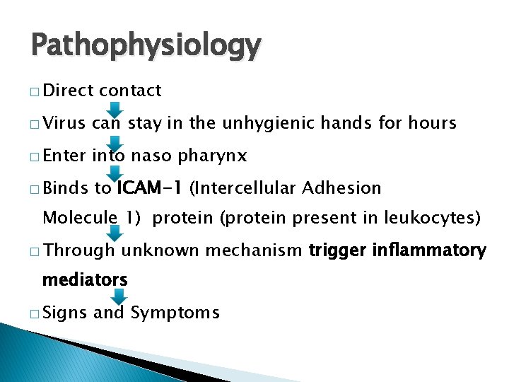 Pathophysiology � Direct contact � Virus can stay in the unhygienic hands for hours