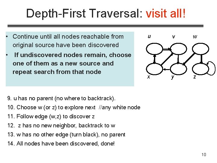 Depth-First Traversal: visit all! • Continue until all nodes reachable from original source have