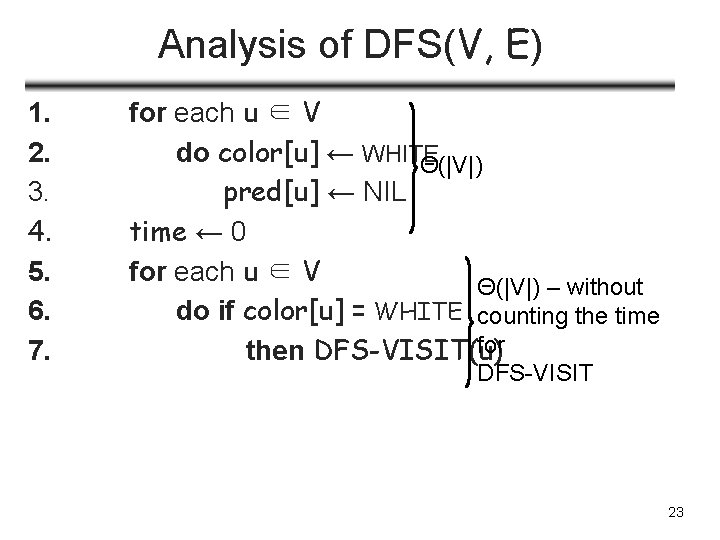 Analysis of DFS(V, E) 1. 2. 3. 4. 5. 6. 7. for each u