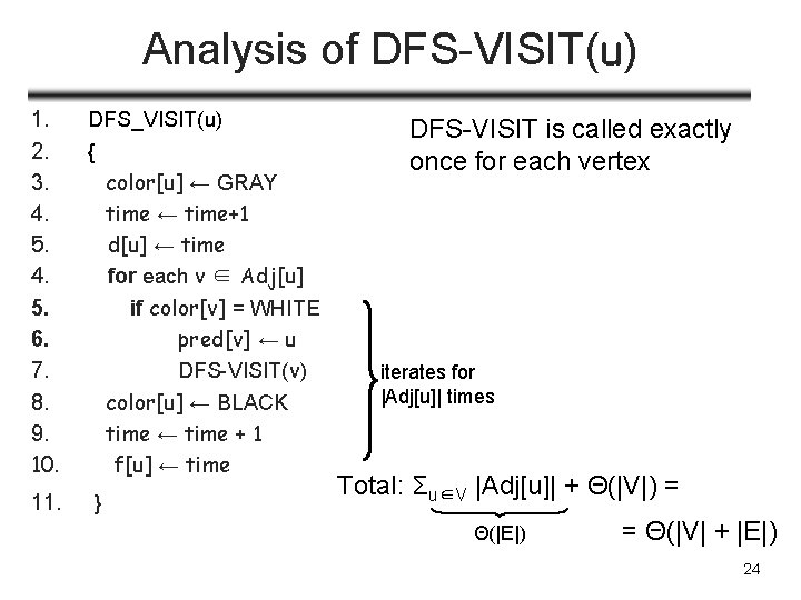 Analysis of DFS-VISIT(u) 1. 2. 3. 4. 5. 6. 7. 8. 9. 10. DFS_VISIT(u)