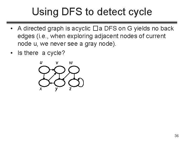 Using DFS to detect cycle • A directed graph is acyclic �a DFS on