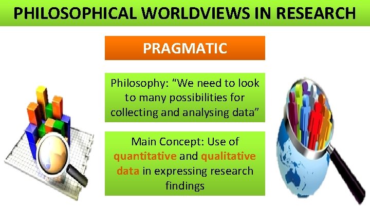 PHILOSOPHICAL WORLDVIEWS IN RESEARCH PRAGMATIC Philosophy: “We need to look to many possibilities for