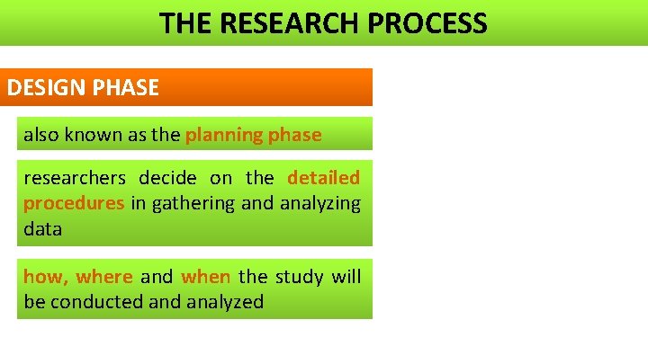 THE RESEARCH PROCESS DESIGN PHASE also known as the planning phase researchers decide on