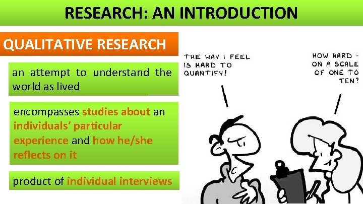 RESEARCH: AN INTRODUCTION QUALITATIVE RESEARCH an attempt to understand the world as lived encompasses