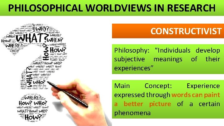 PHILOSOPHICAL WORLDVIEWS IN RESEARCH CONSTRUCTIVIST Philosophy: “Individuals develop subjective meanings of their experiences” Main