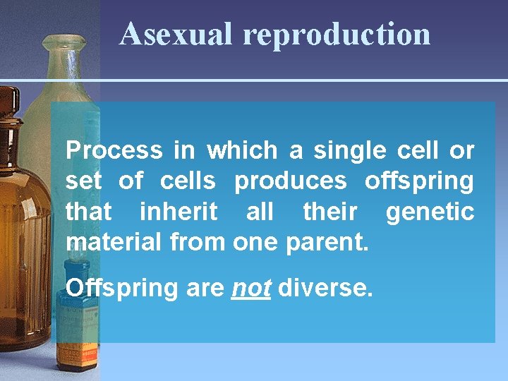 Asexual reproduction Process in which a single cell or set of cells produces offspring