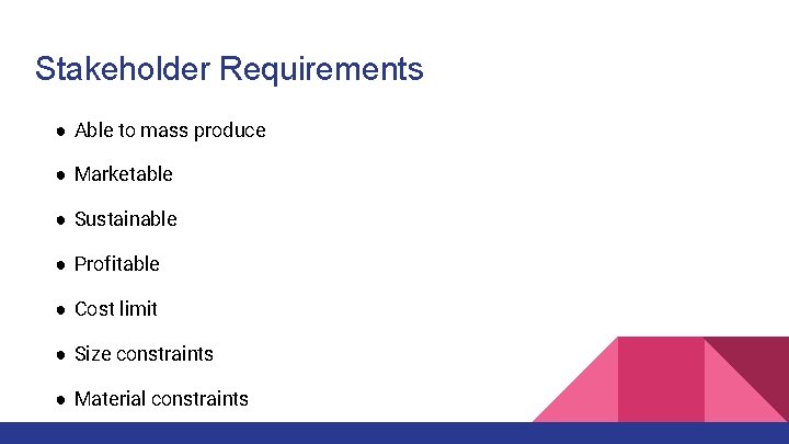 Stakeholder Requirements ● Able to mass produce ● Marketable ● Sustainable ● Profitable ●