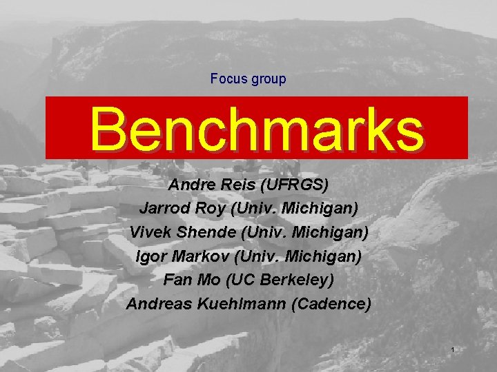 Focus group Benchmarks Andre Reis (UFRGS) Jarrod Roy (Univ. Michigan) Vivek Shende (Univ. Michigan)