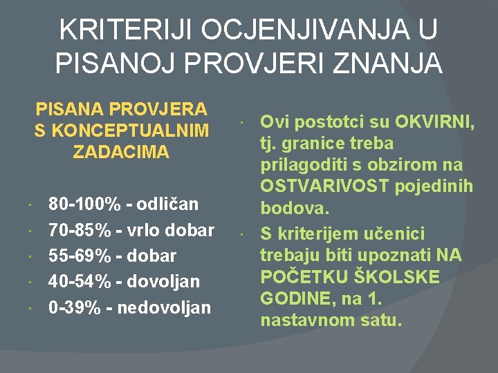 KRITERIJI OCJENJIVANJA U PISANOJ PROVJERI ZNANJA PISANA PROVJERA S KONCEPTUALNIM ZADACIMA 80 -100% -