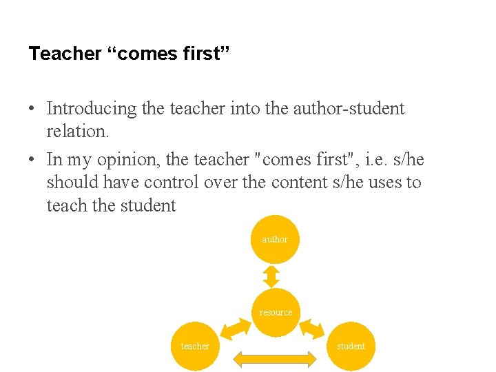 Teacher “comes first” • Introducing the teacher into the author-student relation. • In my