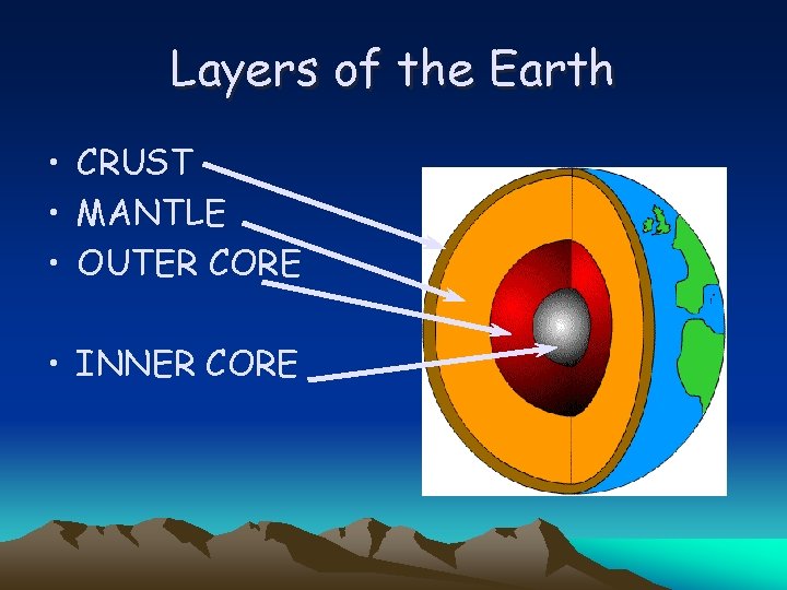 Layers of the Earth • CRUST • MANTLE • OUTER CORE • INNER CORE