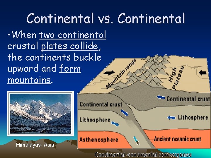 Continental vs. Continental • When two continental crustal plates collide, the continents buckle upward