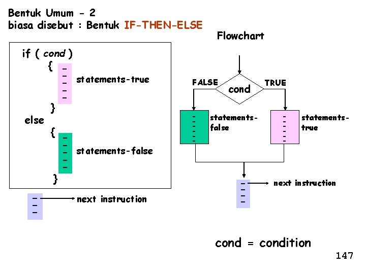 Bentuk Umum - 2 biasa disebut : Bentuk IF-THEN-ELSE if ( cond ) {