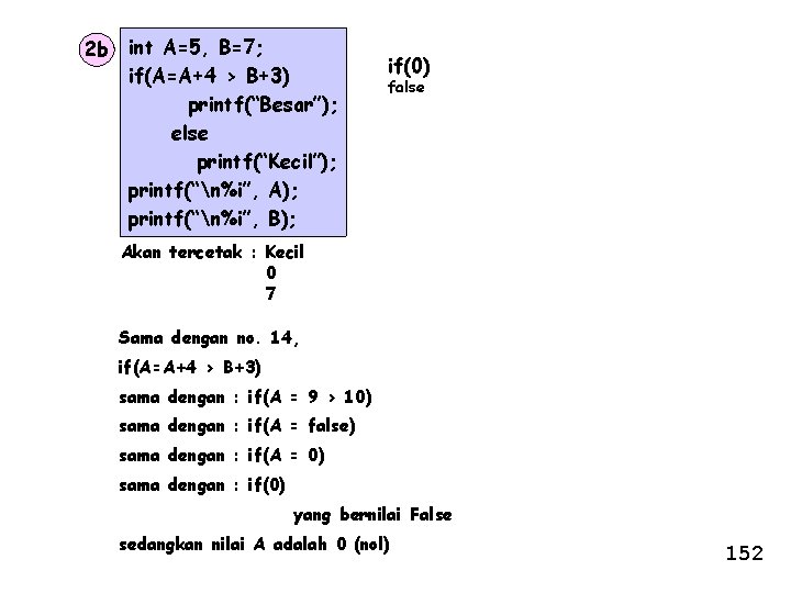 2 b int A=5, B=7; if(A=A+4 > B+3) printf(“Besar”); else printf(“Kecil”); printf(“n%i”, A); printf(“n%i”,