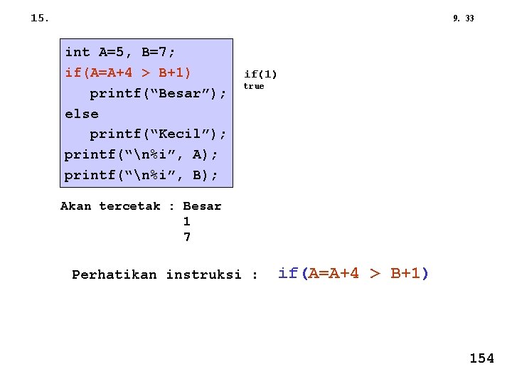 15. 9. 33 int A=5, B=7; if(A=A+4 > B+1) printf(“Besar”); else printf(“Kecil”); printf(“n%i”, A);