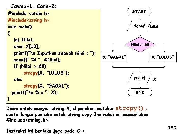 Jawab-1. Cara-2: #include <stdio. h> #include<string. h> void main() { int Nilai; char X[10];