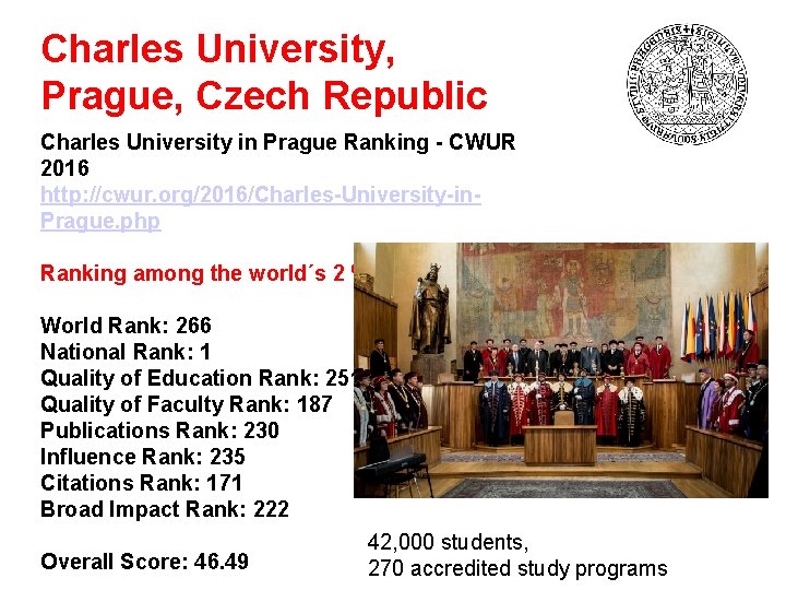 Charles University, Prague, Czech Republic Charles University in Prague Ranking - CWUR 2016 http: