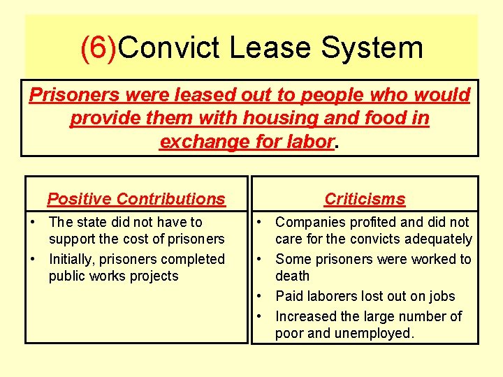 (6)Convict Lease System Prisoners were leased out to people who would provide them with
