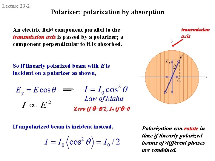 Lecture 23 -2 Polarizer: polarization by absorption An electric field component parallel to the