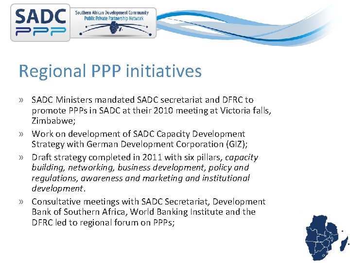 Regional PPP initiatives » SADC Ministers mandated SADC secretariat and DFRC to promote PPPs