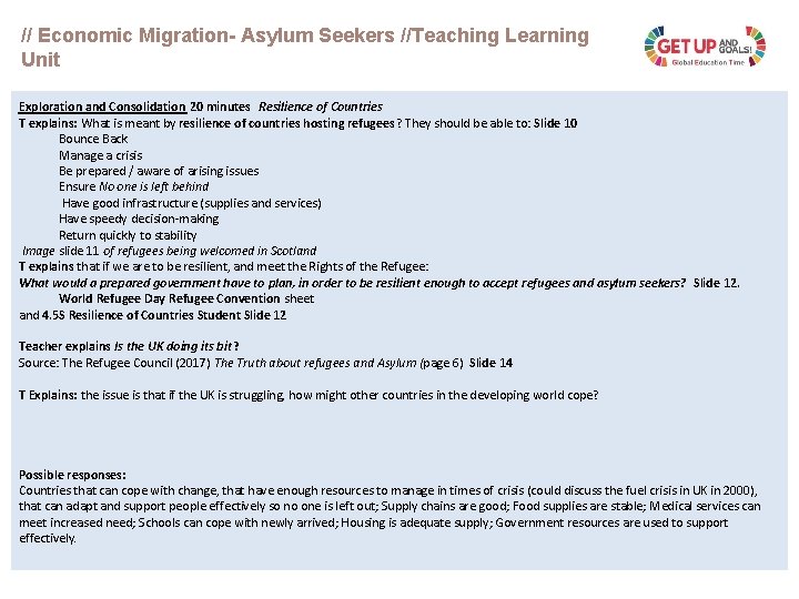 // Economic Migration- Asylum Seekers //Teaching Learning Unit Exploration and Consolidation 20 minutes Resilience