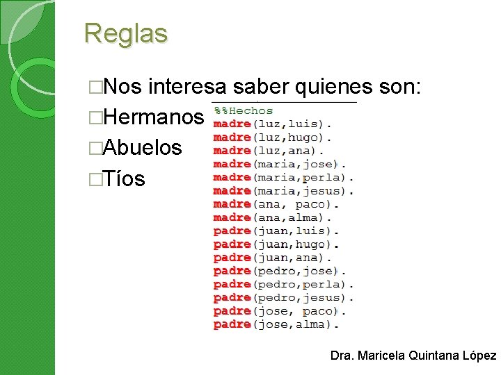 Reglas �Nos interesa saber quienes son: �Hermanos �Abuelos �Tíos Dra. Maricela Quintana López 