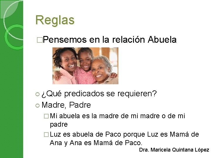 Reglas �Pensemos en la relación Abuela ¿Qué predicados se requieren? Madre, Padre � Mi