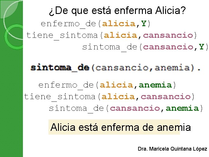 ¿De que está enferma Alicia? enfermo_de(alicia, Y) tiene_sintoma(alicia, cansancio) sintoma_de(cansancio, Y) enfermo_de(alicia, anemia) tiene_sintoma(alicia,