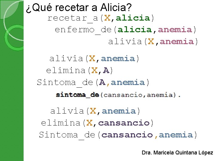 ¿Qué recetar a Alicia? recetar_a(X, alicia) enfermo_de(alicia, anemia) alivia(X, anemia) elimina(X, A) Sintoma_de(A, anemia)