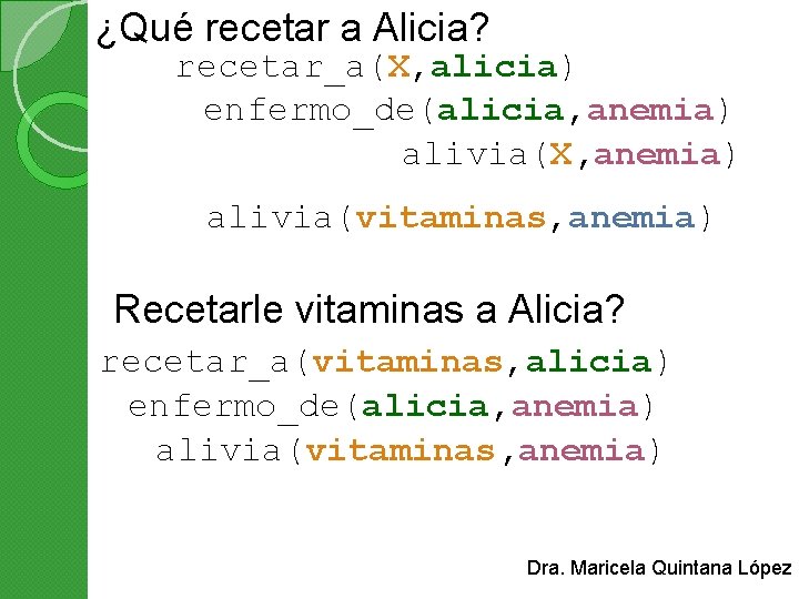 ¿Qué recetar a Alicia? recetar_a(X, alicia) enfermo_de(alicia, anemia) alivia(X, anemia) alivia(vitaminas, anemia) Recetarle vitaminas