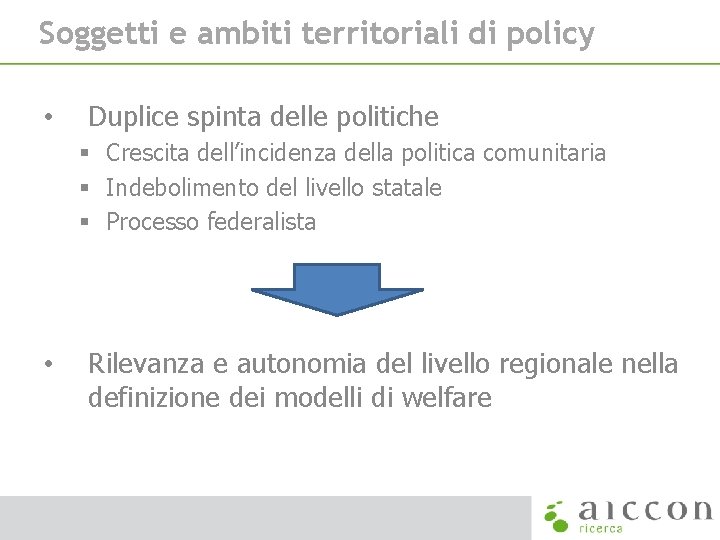 Soggetti e ambiti territoriali di policy • Duplice spinta delle politiche § Crescita dell’incidenza