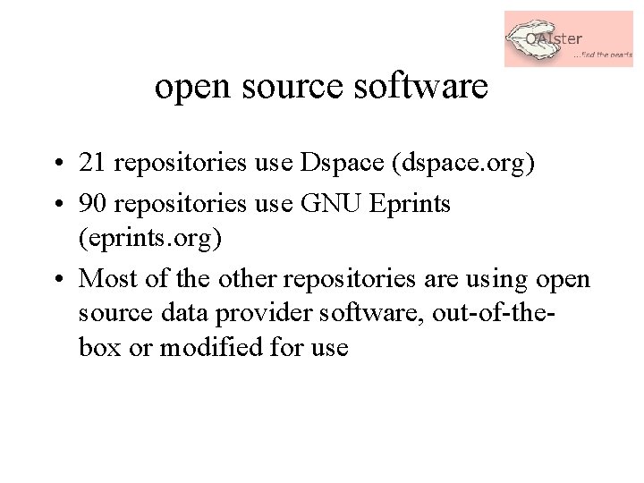 open source software • 21 repositories use Dspace (dspace. org) • 90 repositories use