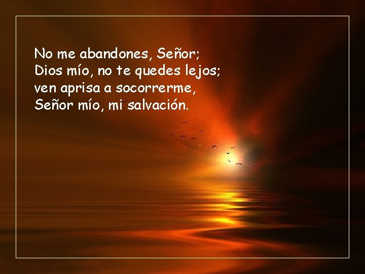 No me abandones, Señor; Dios mío, no te quedes lejos; ven aprisa a socorrerme,