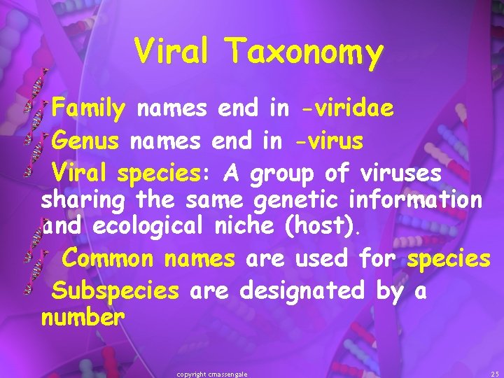 Viral Taxonomy Family names end in -viridae Genus names end in -virus Viral species: