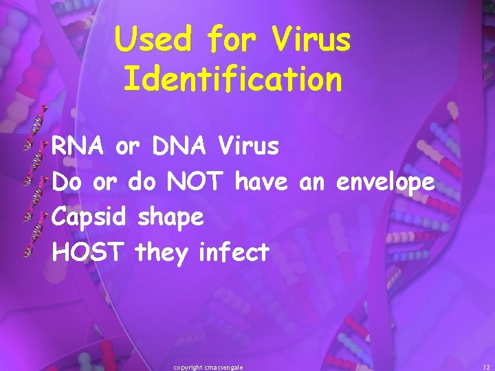 Used for Virus Identification RNA or DNA Virus Do or do NOT have an
