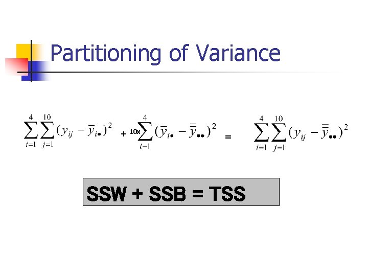 Partitioning of Variance + 10 x = SSW + SSB = TSS 